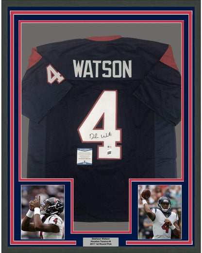 Framed Autographed/Signed Deshaun Watson 35x39 Houston Blue Football Jersey Beckett BAS COA