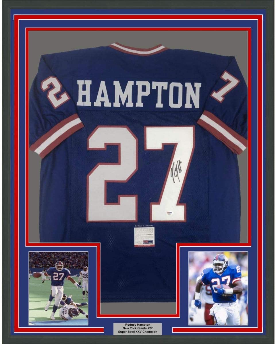 Framed Autographed/Signed Rodney Hampton 35x39 New York Blue Football Jersey PSA/DNA COA