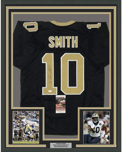 Framed Autographed/Signed Tre'Quan Smith 35x39 New Orleans Black Football Jersey JSA COA
