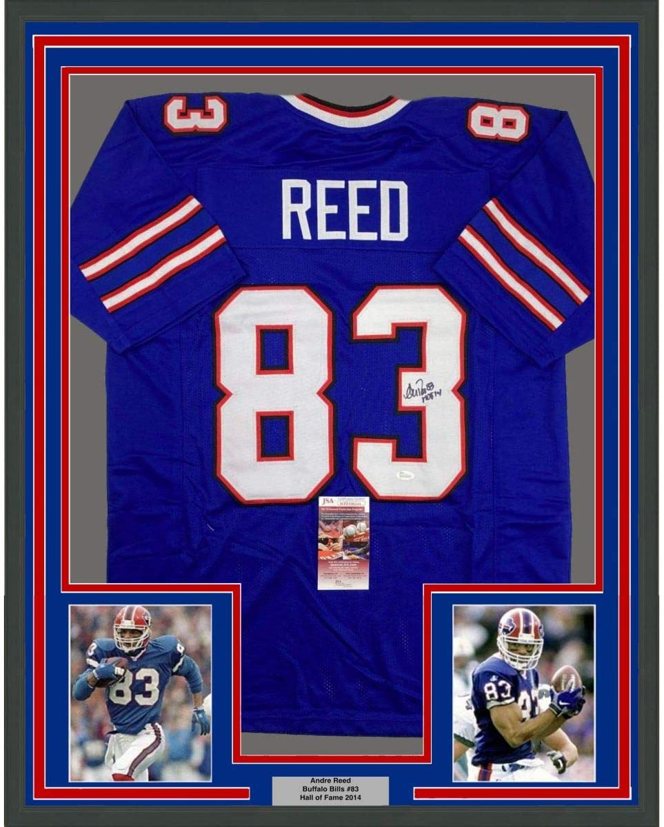 Framed Autographed/Signed Andre Reed HOF 14 35x39 Buffalo Blue Football Jersey JSA COA