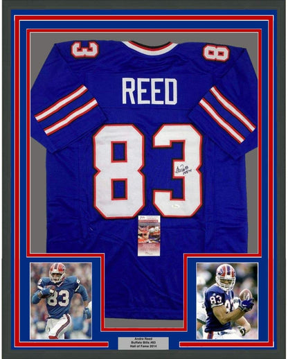 Framed Autographed/Signed Andre Reed HOF 14 35x39 Buffalo Blue Football Jersey JSA COA