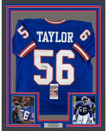 Framed Autographed/Signed Lawrence Taylor HOF 99 35x39 New York Blue Football Jersey JSA COA