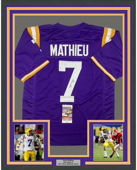 Framed Autographed/Signed Tyrann Mathieu 35x39 LSU Purple College Football Jersey JSA COA