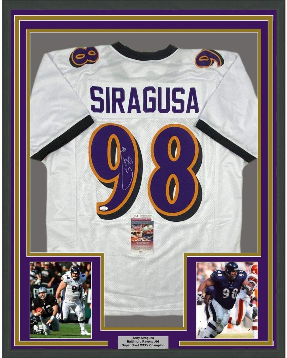 Framed Autographed/Signed Tony Siragusa 35x39 Baltimore White Football Jersey JSA COA