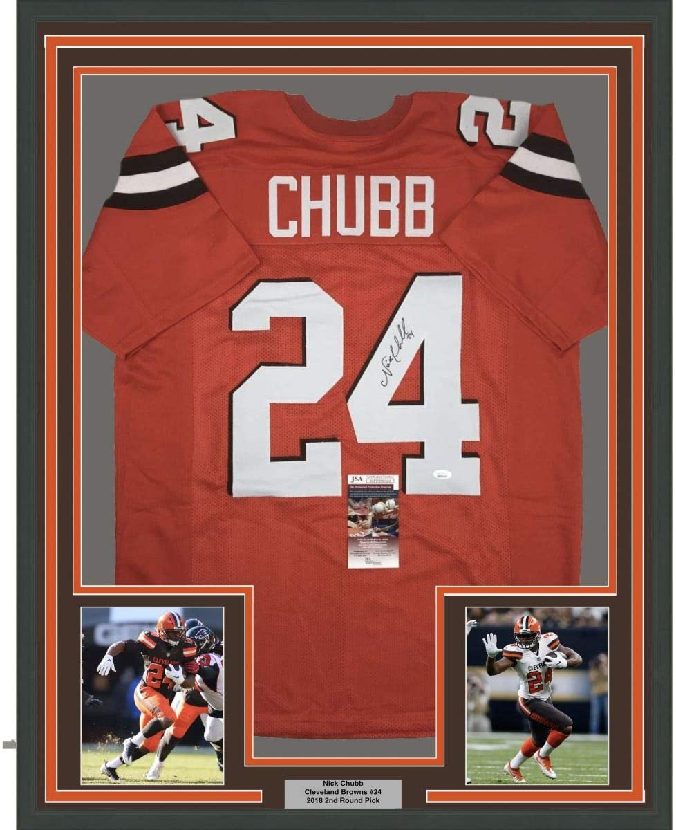 Framed Autographed/Signed Nick Chubb 35x39 Cleveland Orange Football Jersey JSA COA