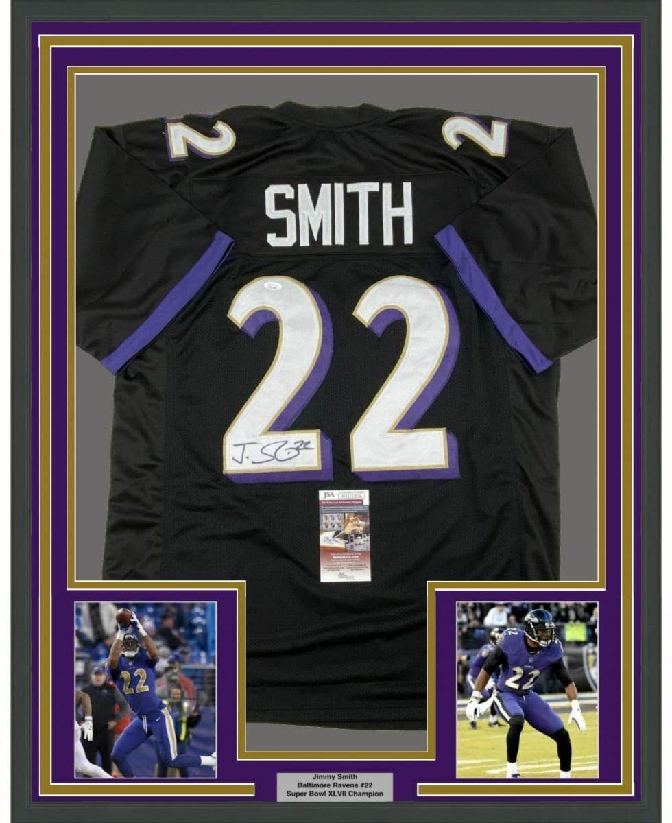 Framed Autographed/Signed Jimmy Smith 35x39 Baltimore Black Football Jersey JSA COA