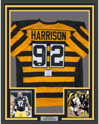 Framed Autographed/Signed James Harrison 35x39 Pittsburgh Bumble Bee Football Jersey Beckett BAS COA