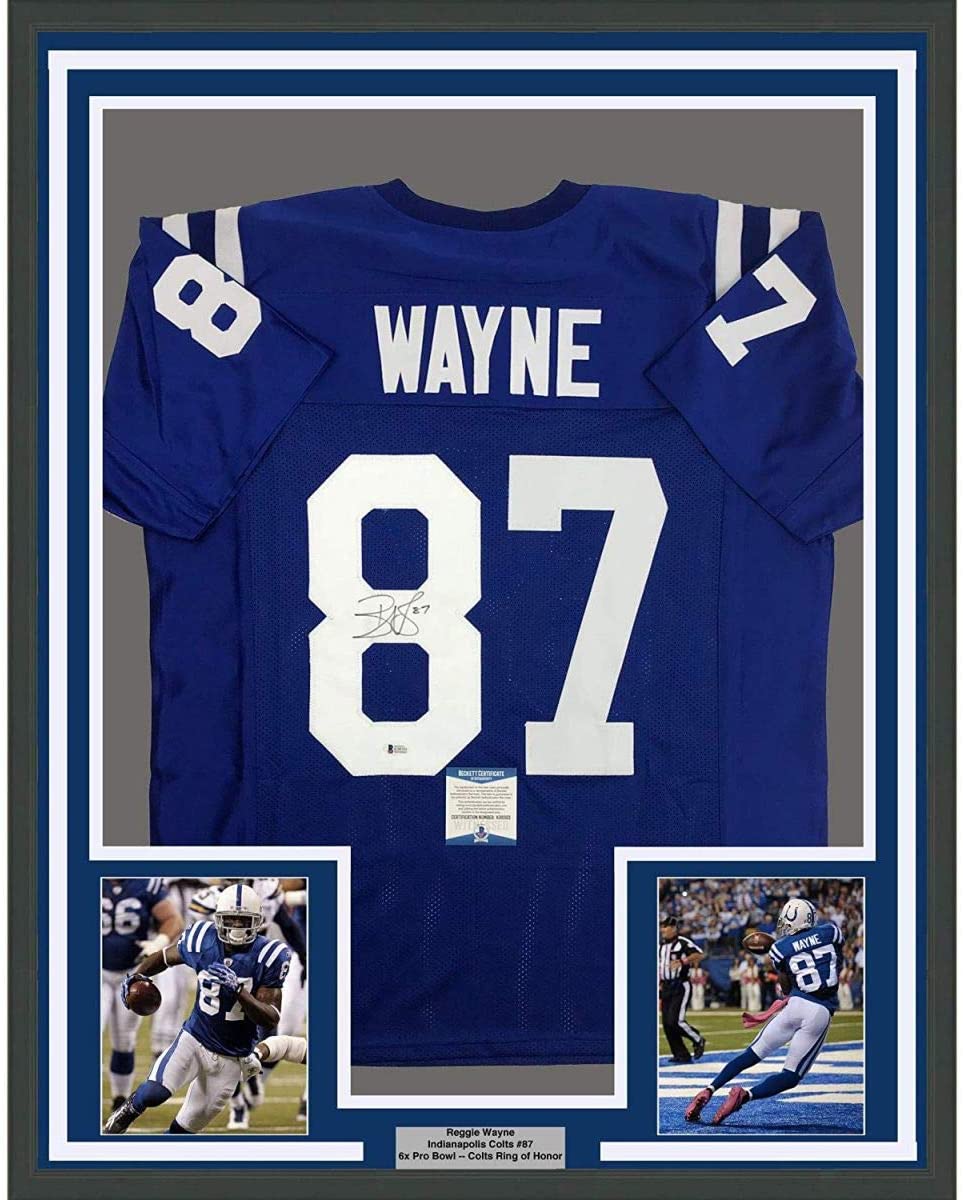 Framed Autographed/Signed Reggie Wayne 35x39 Indianapolis Colts Blue Football Jersey Beckett BAS COA
