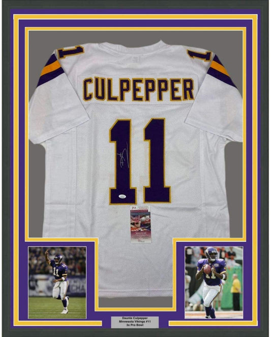 Framed Autographed/Signed Daunte Culpepper 35x39 Minnesota White Football Jersey JSA COA