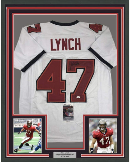 Framed Autographed/Signed John Lynch 35x39 Tampa Bay White Football Jersey JSA COA