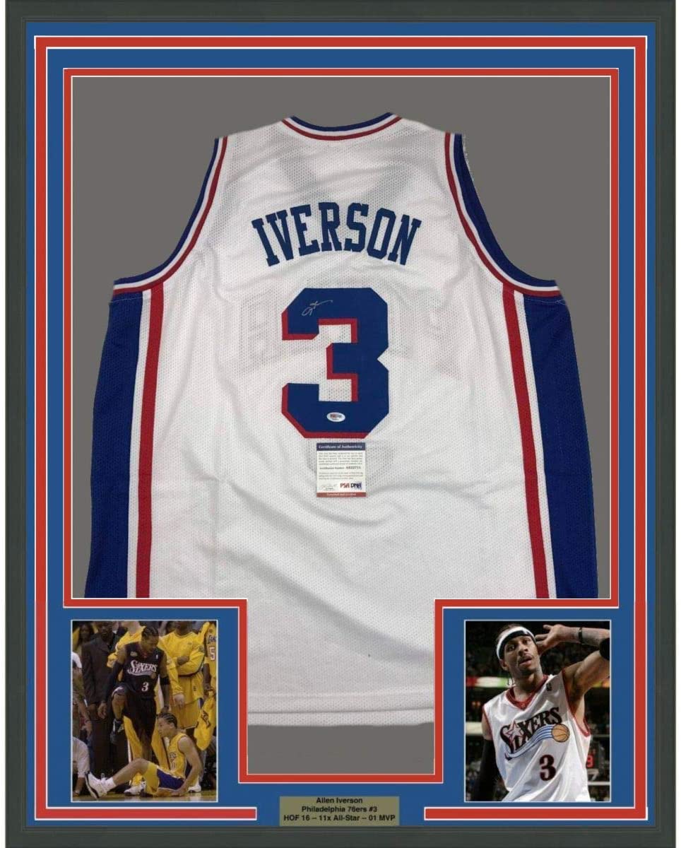 Framed Autographed/Signed Allen Iverson 35x39 Philadelphia White Current Basketball Jersey PSA/DNA COA