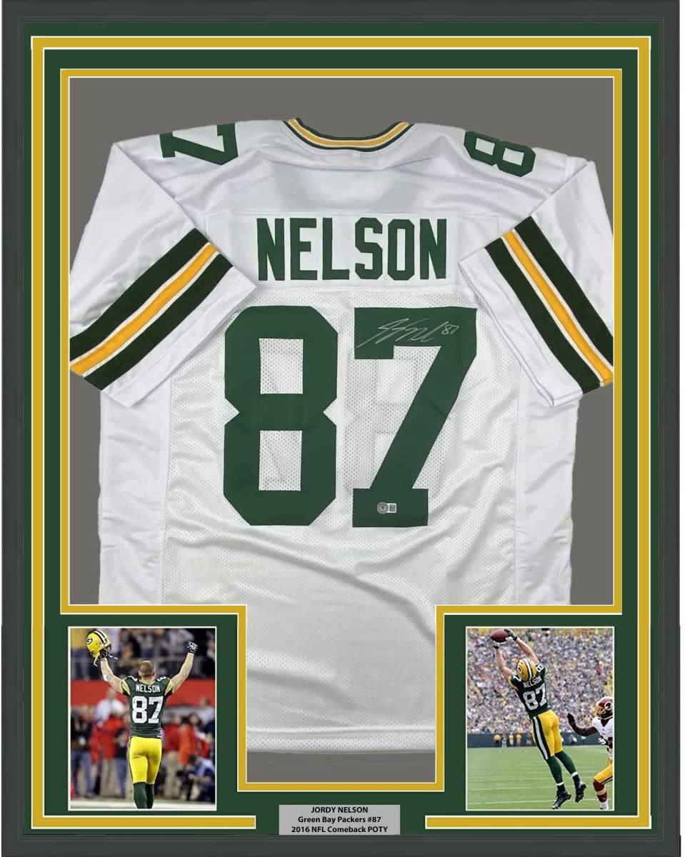 Framed Autographed/Signed Jordy Nelson 35x39 Green Bay White Football Jersey JSA COA
