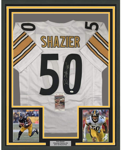 Framed Autographed/Signed Ryan Shazier 35x39 Pittsburgh White Football Jersey JSA COA