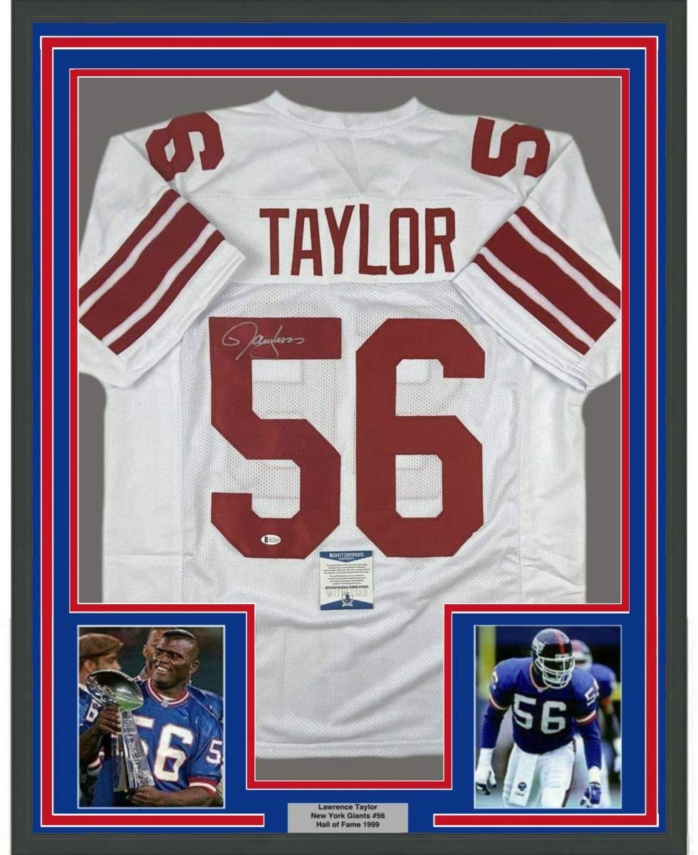 Framed Autographed/Signed Lawrence Taylor 35x39 New York White Football Jersey Beckett BAS COA