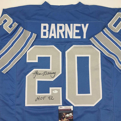 Autographed/Signed Lem Barney"HOF 92" Detroit Blue Football Jersey JSA COA