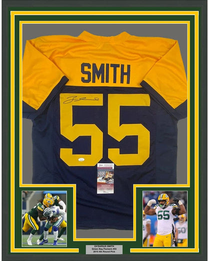 Framed Autographed/Signed Za'Darius Smith 35x39 Green Bay Retro Blue Football Jersey JSA COA