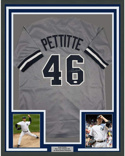 Framed Autographed/Signed Andy Pettitte 35x39 New York Grey Baseball Jersey JSA COA Holo Only