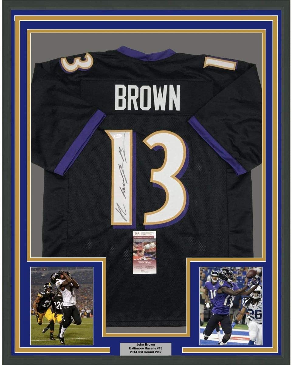 Framed Autographed/Signed John Brown 35x39 Baltimore Black Football Jersey JSA COA
