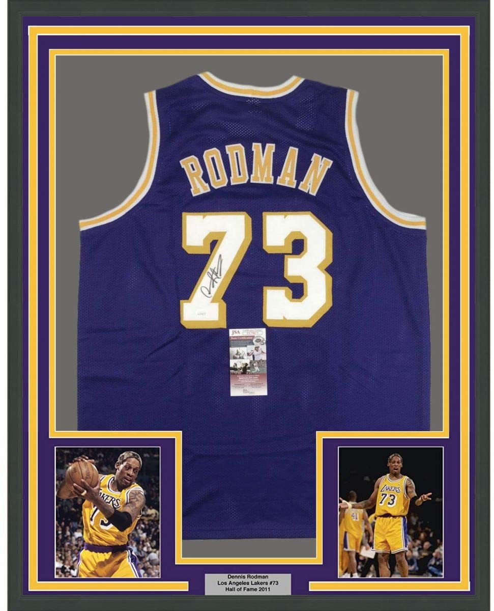 Framed Autographed/Signed Dennis Rodman 35x39 Los Angeles LA Purple Basketball Jersey JSA COA