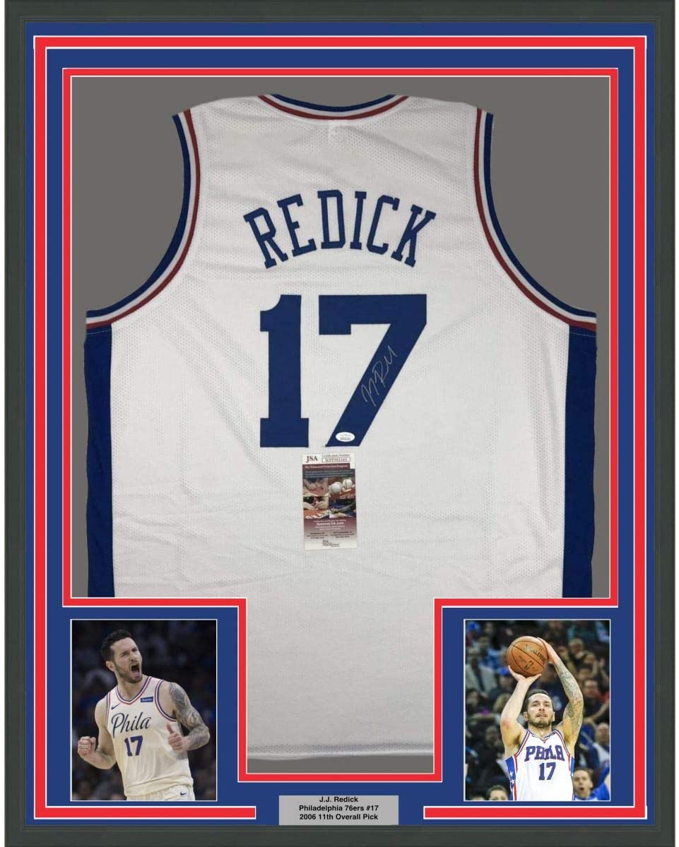 Framed Autographed/Signed JJ J.J. Redick 35x39 Philadelphia White Basketball Jersey JSA COA