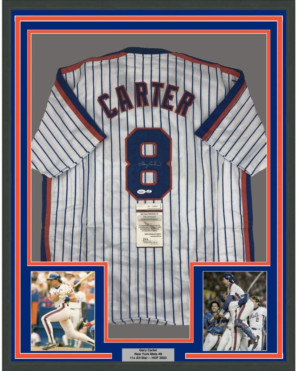 Framed Autographed/Signed Gary Carter 35x39 New York Pinstripe Baseball Jersey JSA COA