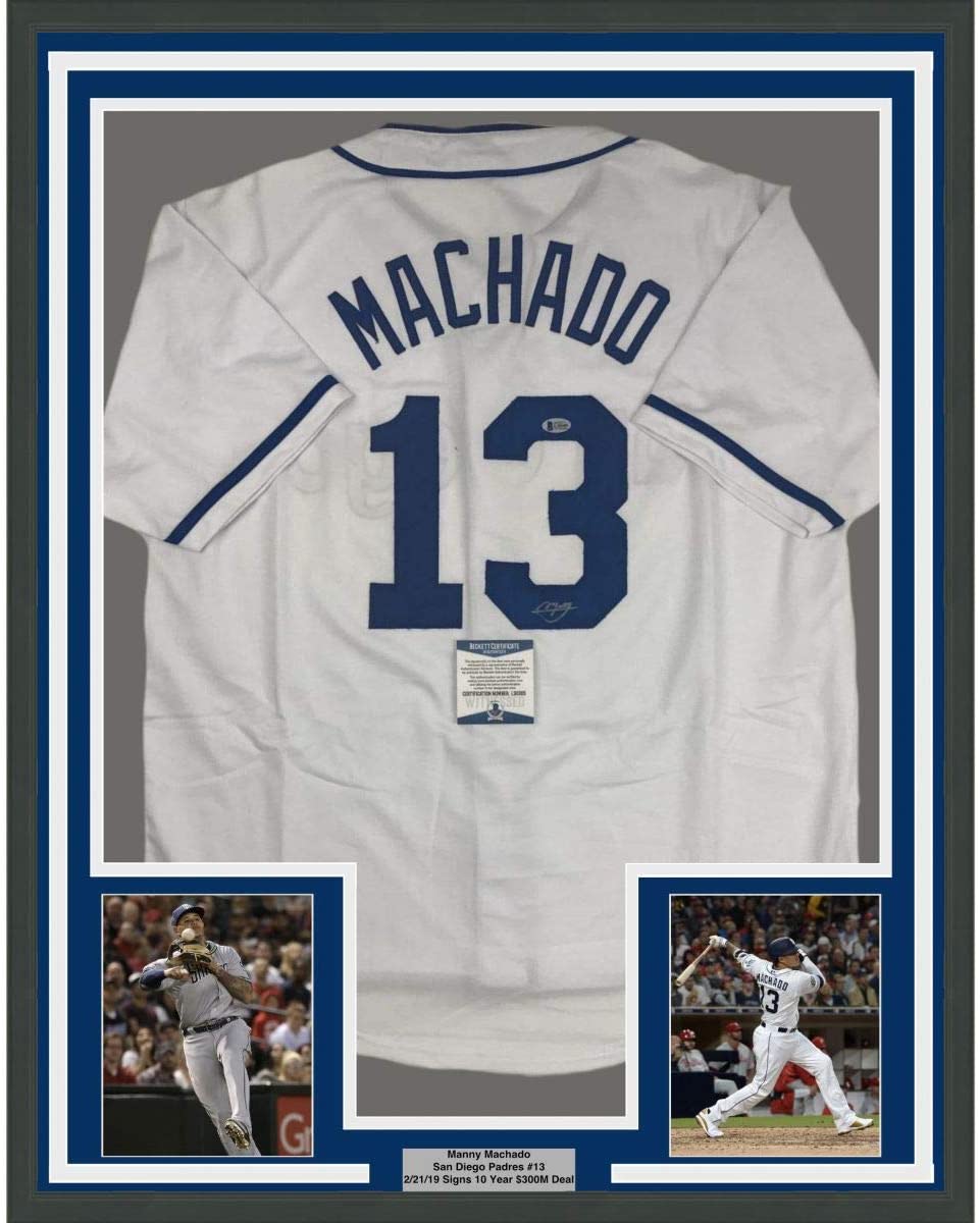Framed Autographed/Signed Manny Machado 35x39 San Diego White Baseball Jersey Beckett BAS COA