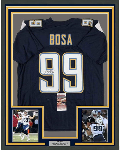 Framed Autographed/Signed Joey Bosa 35x39 Los Angeles LA Dark Blue Football Jersey JSA COA