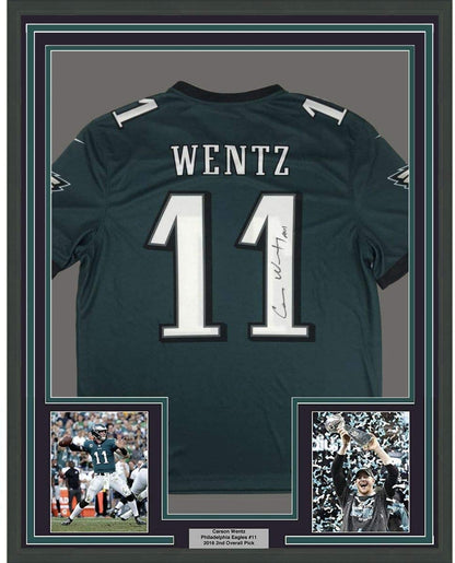 Framed Autographed/Signed Carson Wentz 35x39 Philadelphia Eagles Green Nike Dri Fit Football Jersey Fanatics COA