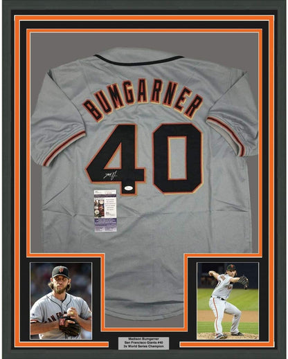 Framed Autographed/Signed Madison Bumgarner 35x39 San Francisco Grey Baseball Jersey JSA COA