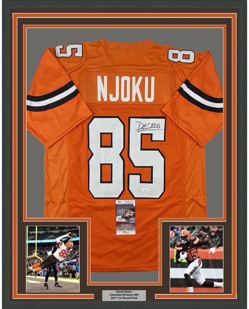 Framed Autographed/Signed David Njoku 35x39 Cleveland Football Orange Jersey JSA COA