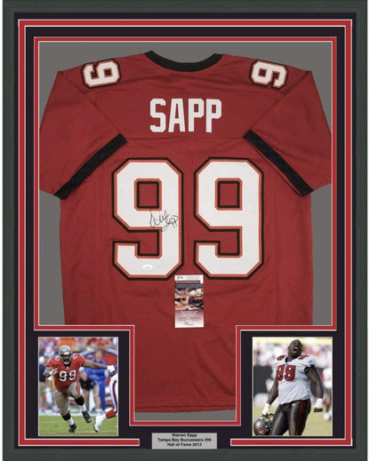 Framed Autographed/Signed Warren Sapp 35x39 Tampa Bay Red Football Jersey JSA COA