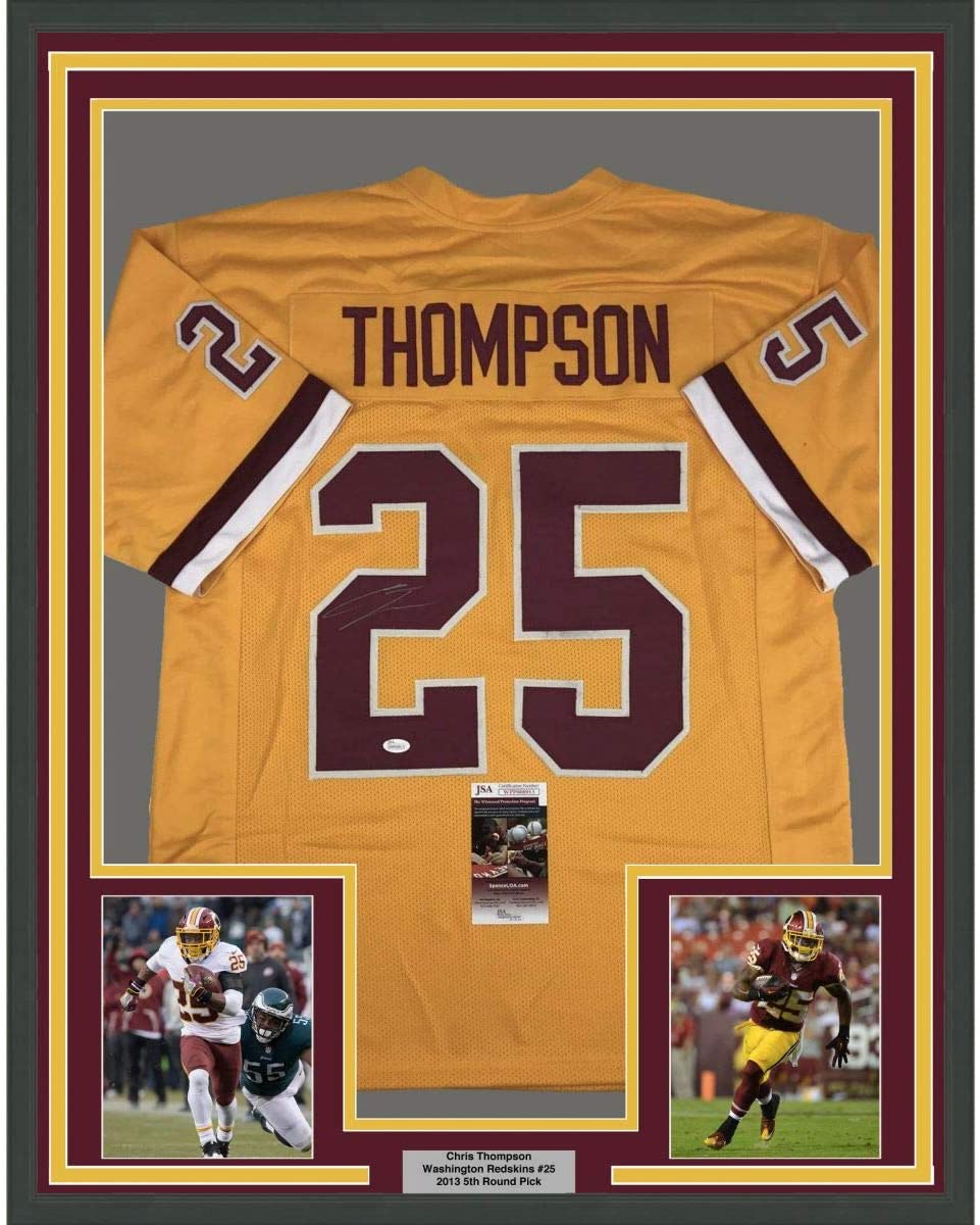 Framed Autographed/Signed Chris Thompson 35x39 Washington Yellow Football Jersey JSA COA