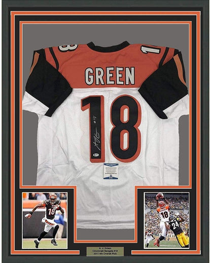 Framed Autographed/Signed AJ A.J. Green 35x39 Cincinnati White Football Jersey Beckett BAS COA