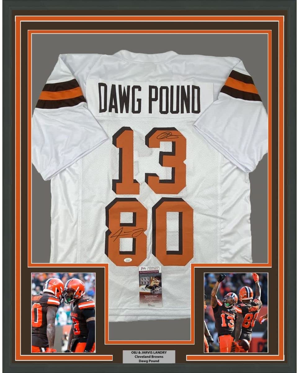 Framed Autographed/Signed Odell Beckham Jr. & Jarvis Landry 35x39 Cleveland White Football Jersey JSA COA