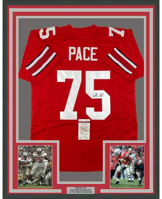 Framed Autographed/Signed Orlando Pace 35x39 Ohio State Red College Football Jersey JSA COA