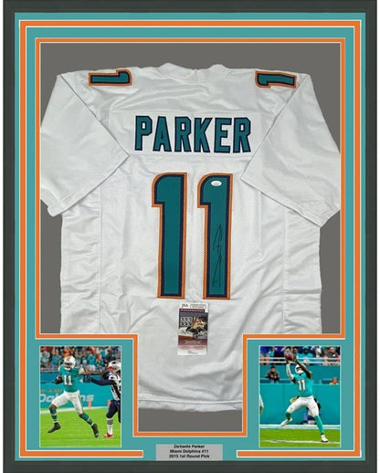 Framed Autographed/Signed Devante Parker 35x39 Miami White Football Jersey JSA COA