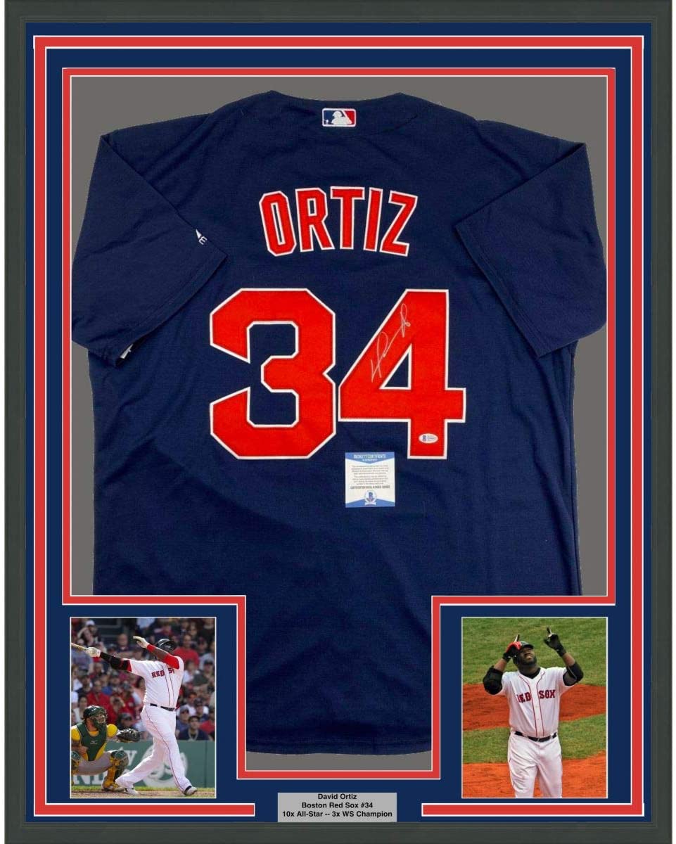 Framed Autographed/Signed David Ortiz 35x39 Boston Blue Baseball Jersey Beckett BAS COA