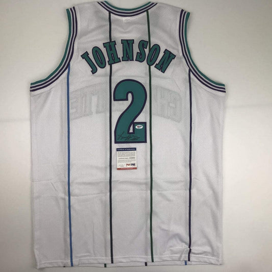 Autographed/Signed Larry Johnson Charlotte White Basketball Jersey PSA/DNA COA