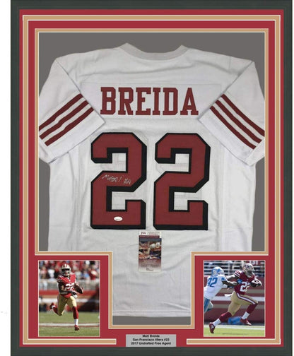 Framed Autographed/Signed Matt Breida 35x39 San Francisco White Football Jersey JSA COA