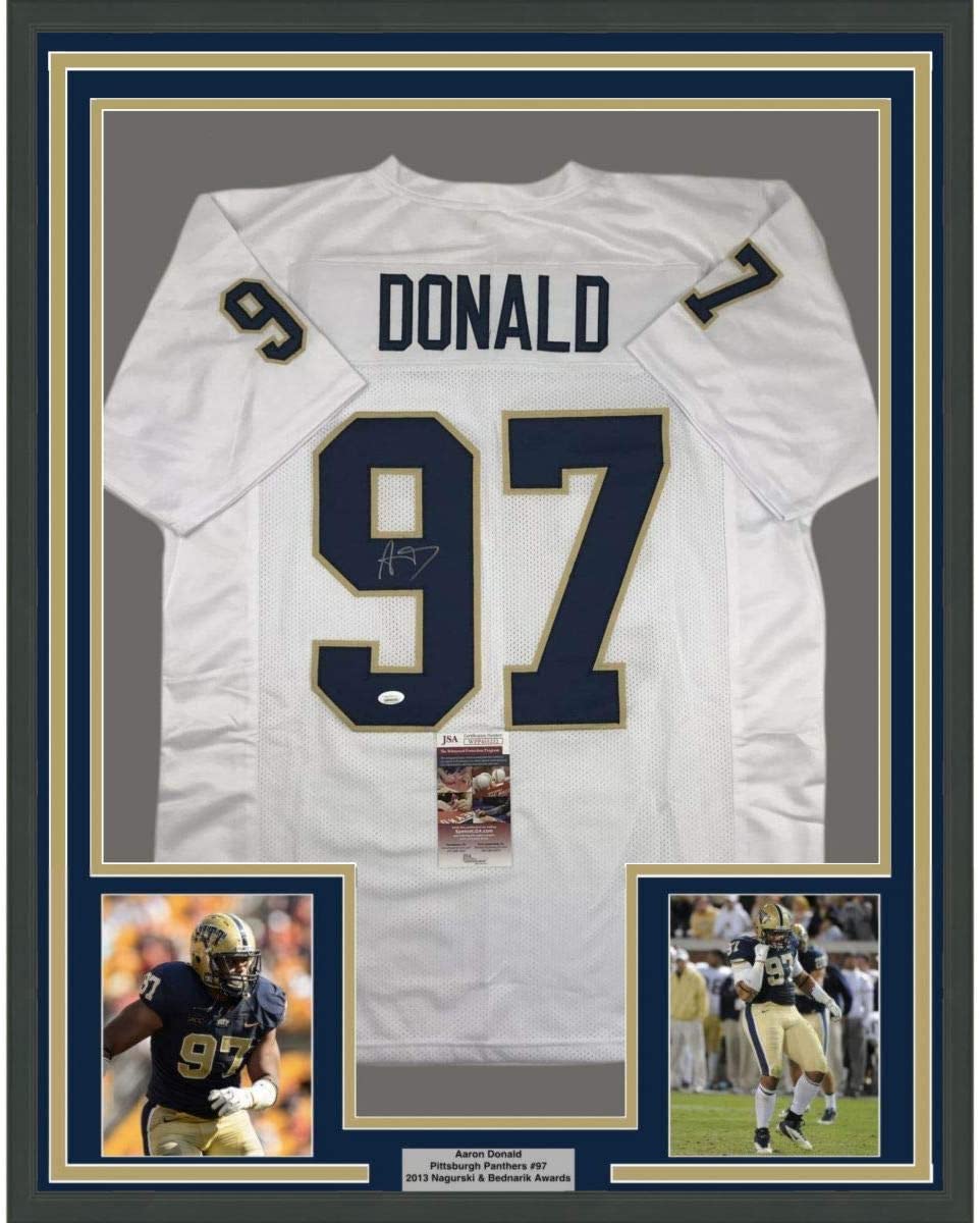 Framed Autographed/Signed Aaron Donald 35x39 Pittsburgh White College Football Jersey JSA COA