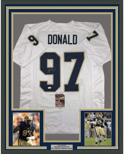 Framed Autographed/Signed Aaron Donald 35x39 Pittsburgh White College Football Jersey JSA COA