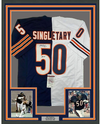 Framed Autographed/Signed Mike Singletary HOF 98 35x39 Chicago Splite Football Jersey JSA COA