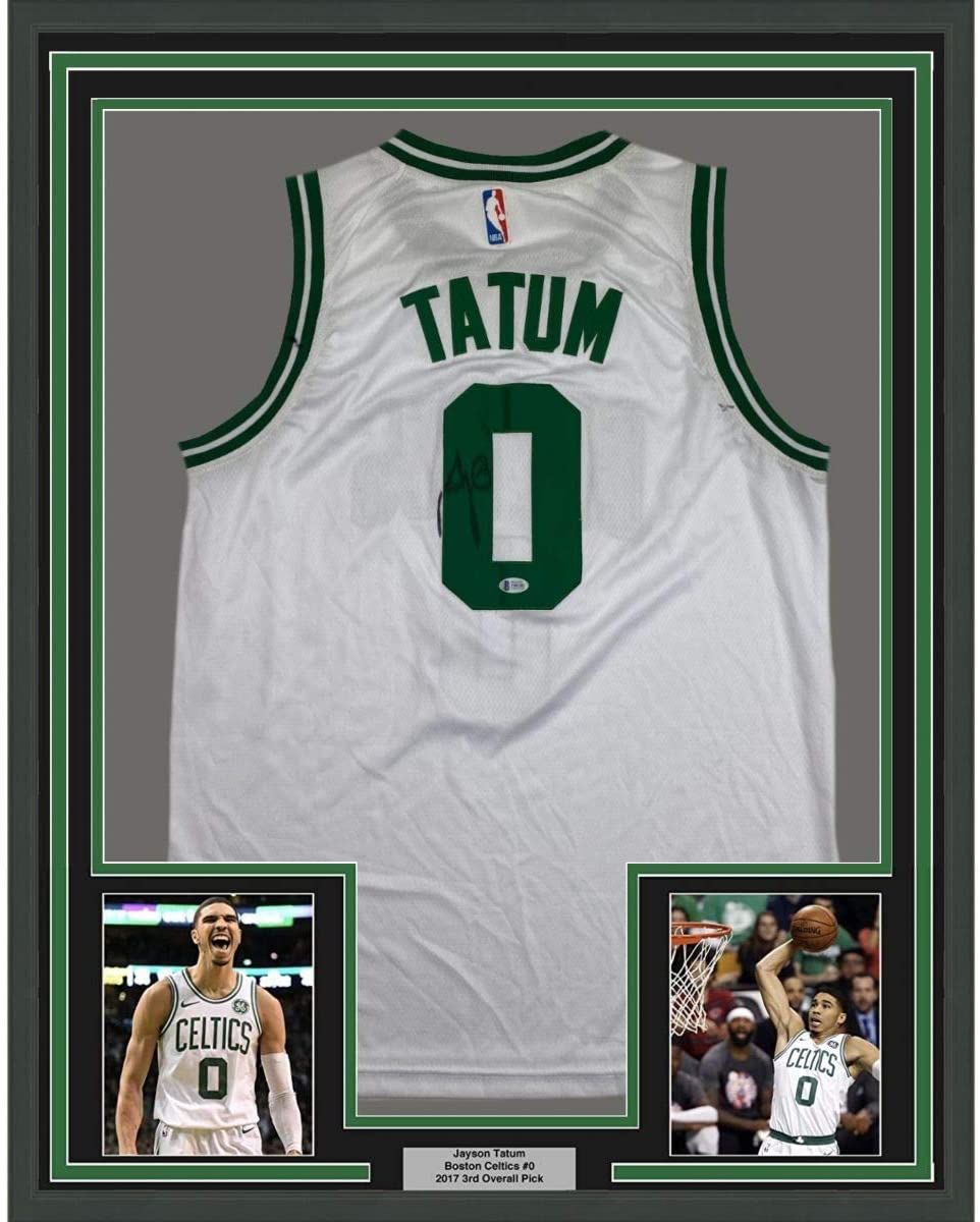 Framed Autographed/Signed Jayson Tatum 35x39 Boston White Basketball Jersey Beckett BAS COA