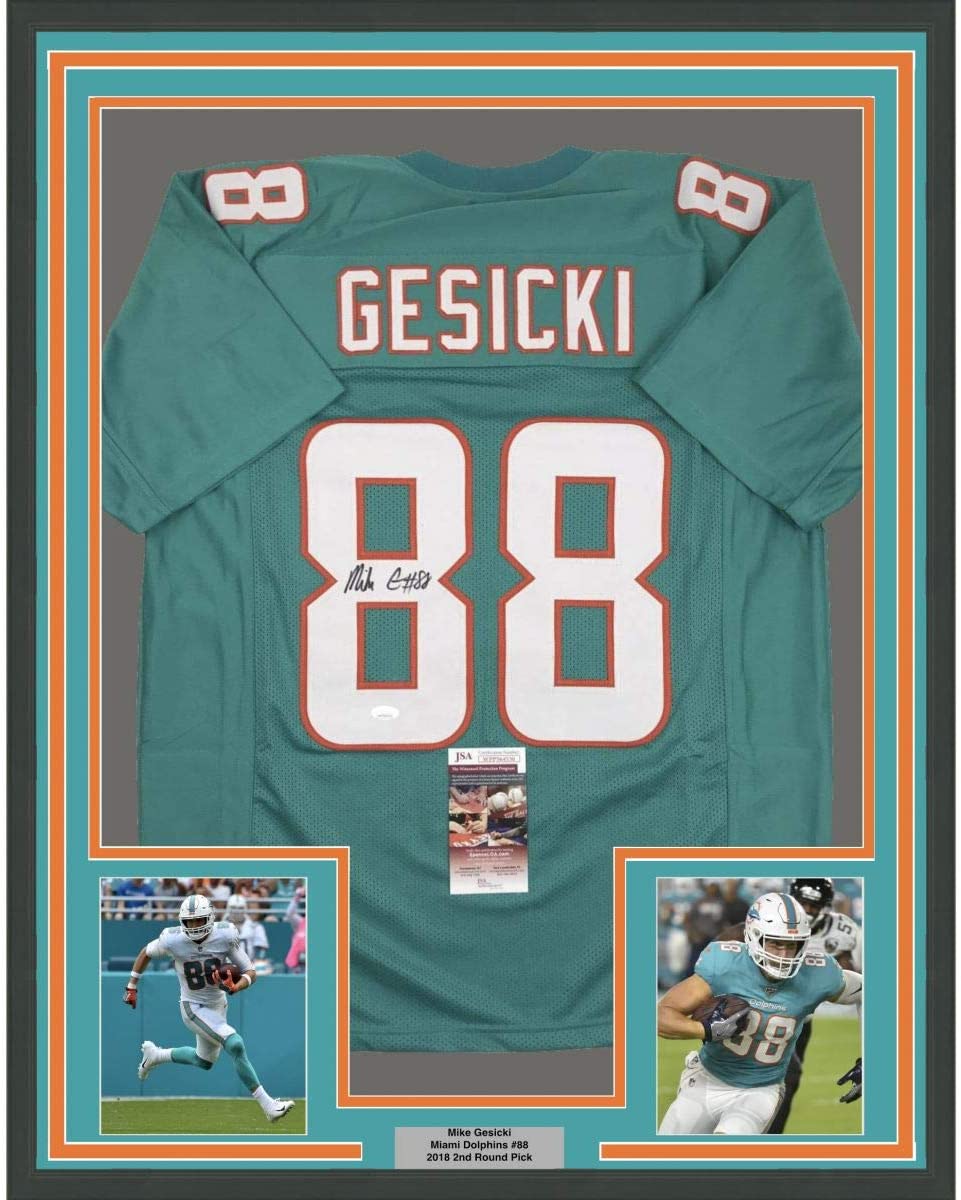 Framed Autographed/Signed Mike Gesicki 35x39 Miami Teal Football Jersey JSA COA