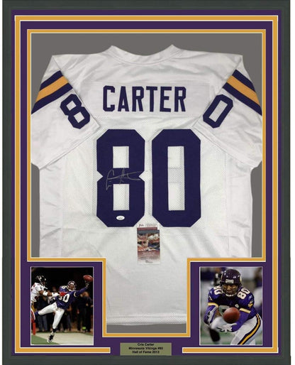 Framed Autographed/Signed Cris Carter 35x39 Minnesota White Football Jersey JSA COA