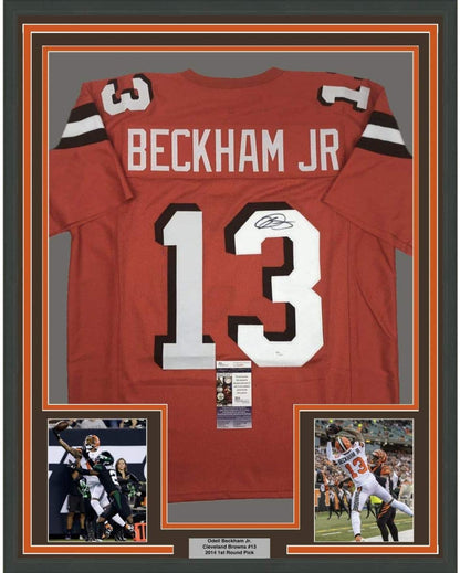 Framed Autographed/Signed Odell Beckham Jr. 35x39 Cleveland Orange Football Jersey JSA COA