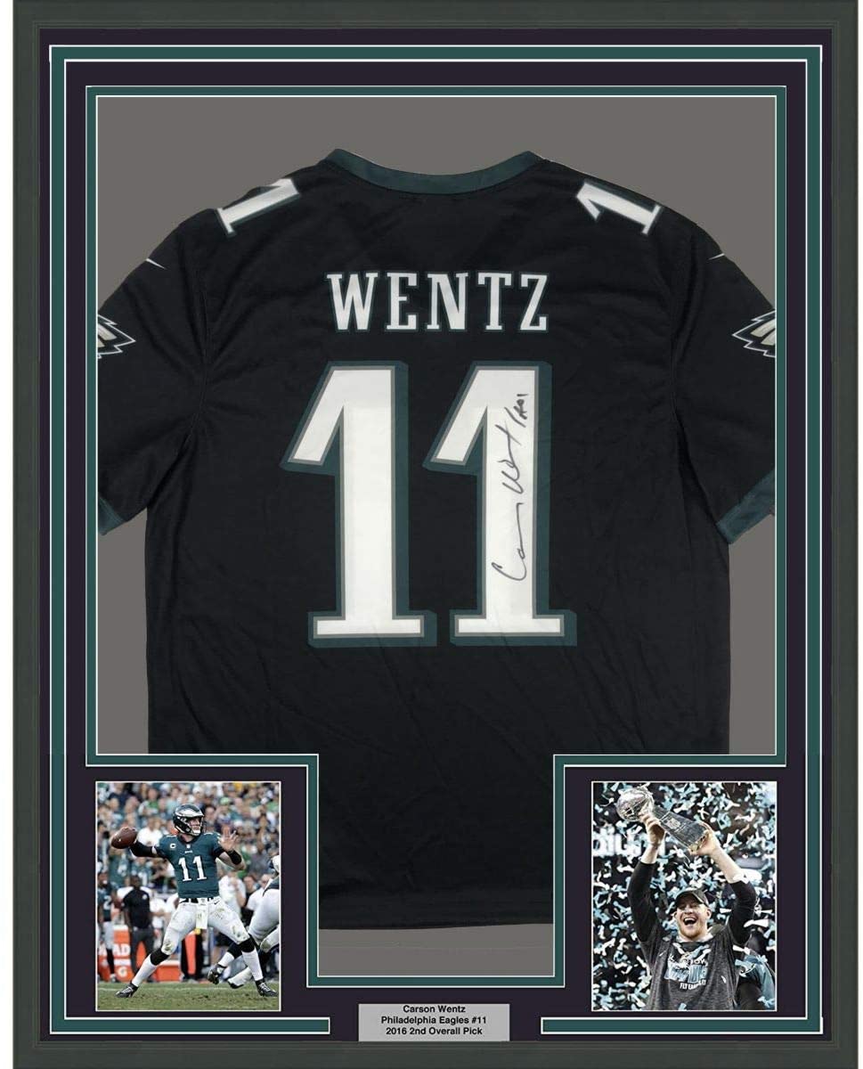 Framed Autographed/Signed Carson Wentz 35x39 Philadelphia Eagles Black Nike Dri Fit Football Jersey Fanatics COA