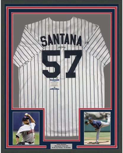 Framed Autographed/Signed Johan Santana 35x39 Minnesota Pinstripe Baseball Jersey Beckett BAS COA