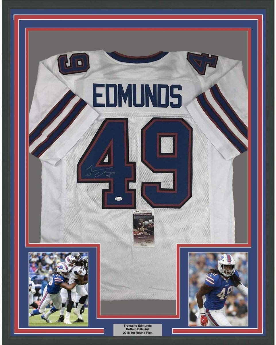 Framed Autographed/Signed Tremaine Edmunds 35x39 Buffalo White Football Jersey JSA COA