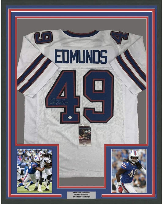 Framed Autographed/Signed Tremaine Edmunds 35x39 Buffalo White Football Jersey JSA COA